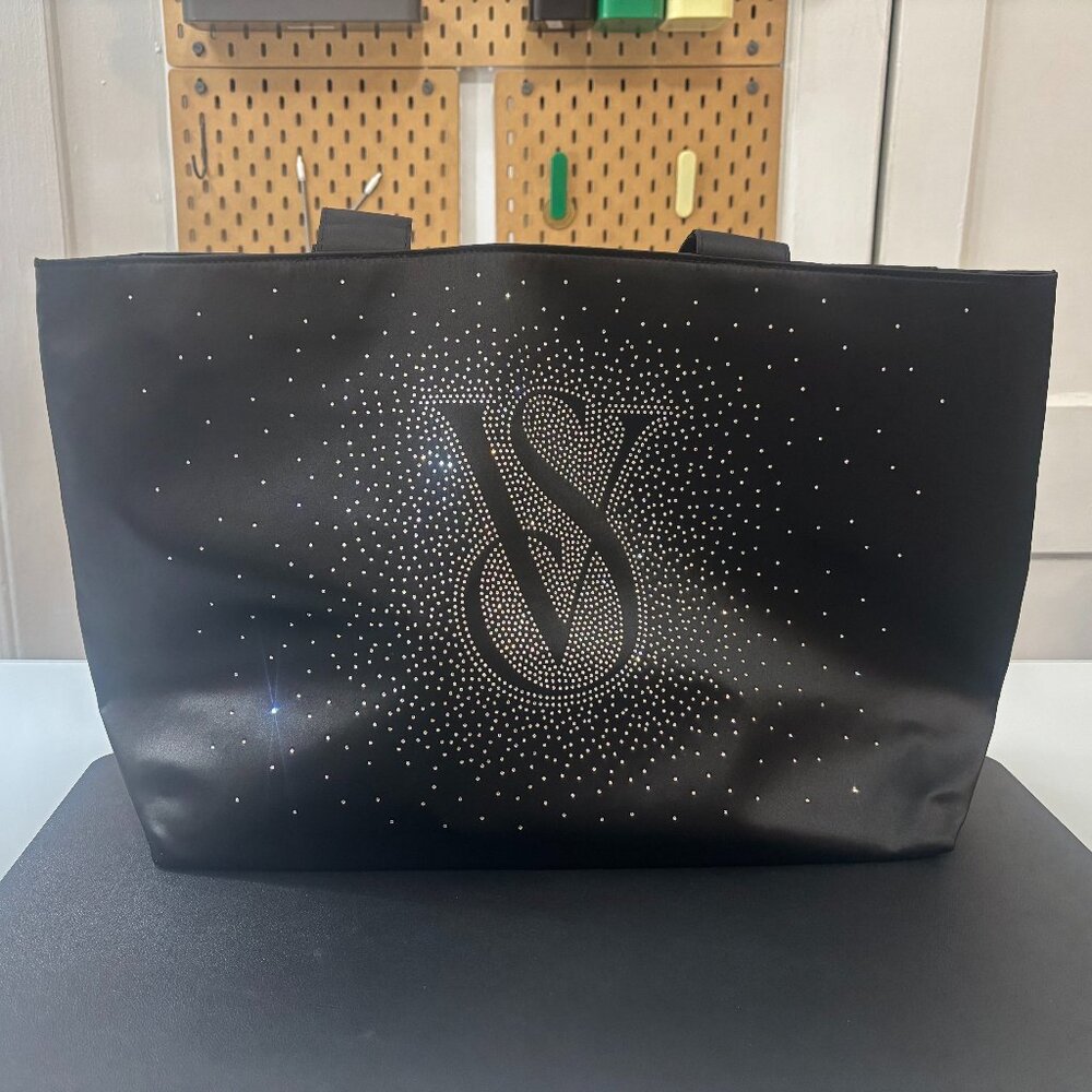 NWT Victoria's Secret Black Front Rhinestone Sparkled Lined Zip Large Tote Bag
